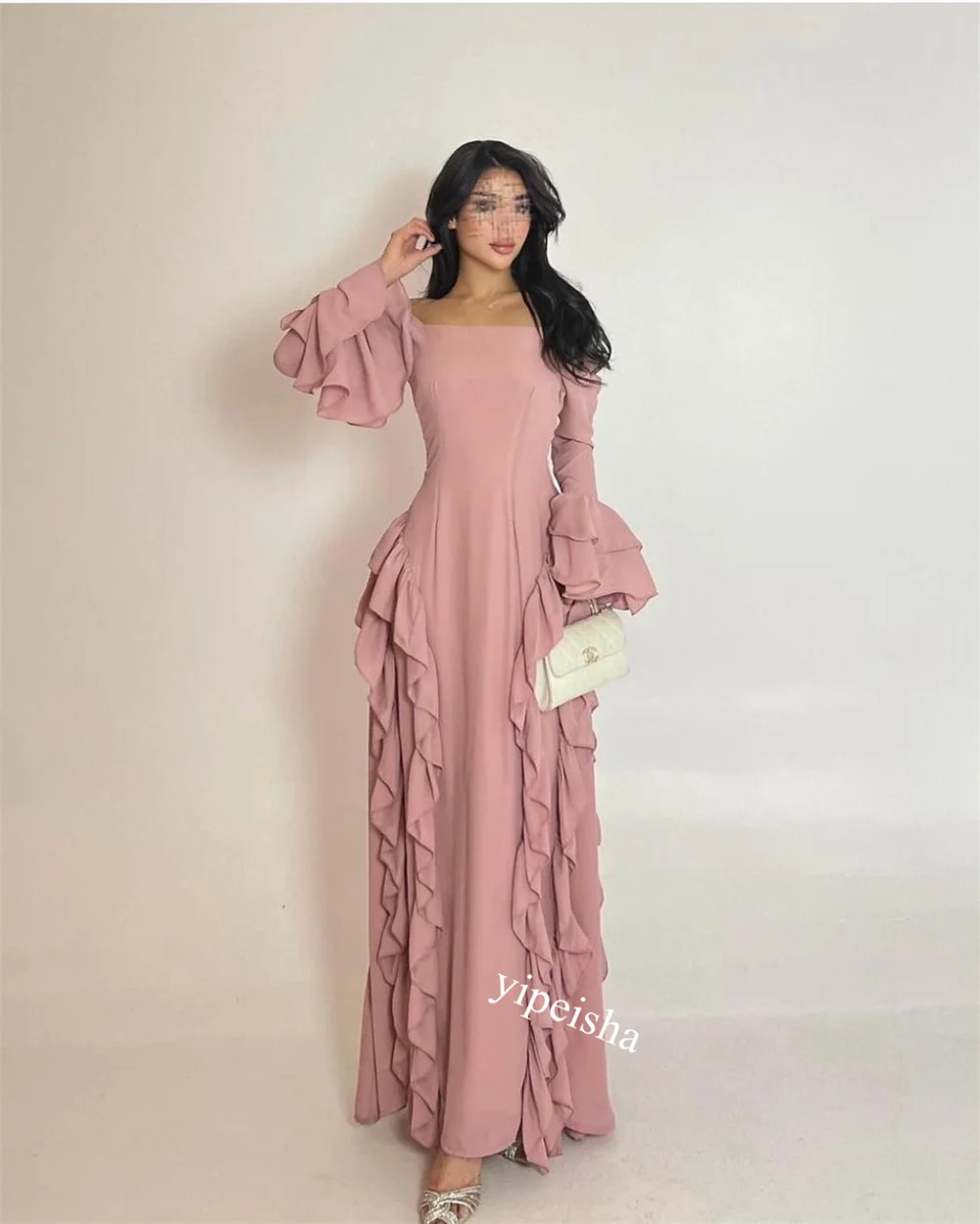 Jiayigong    Saudi Arabia Jersey Ruffles Formal  A-line Boat Neck Bespoke Occasion Gown Midi es