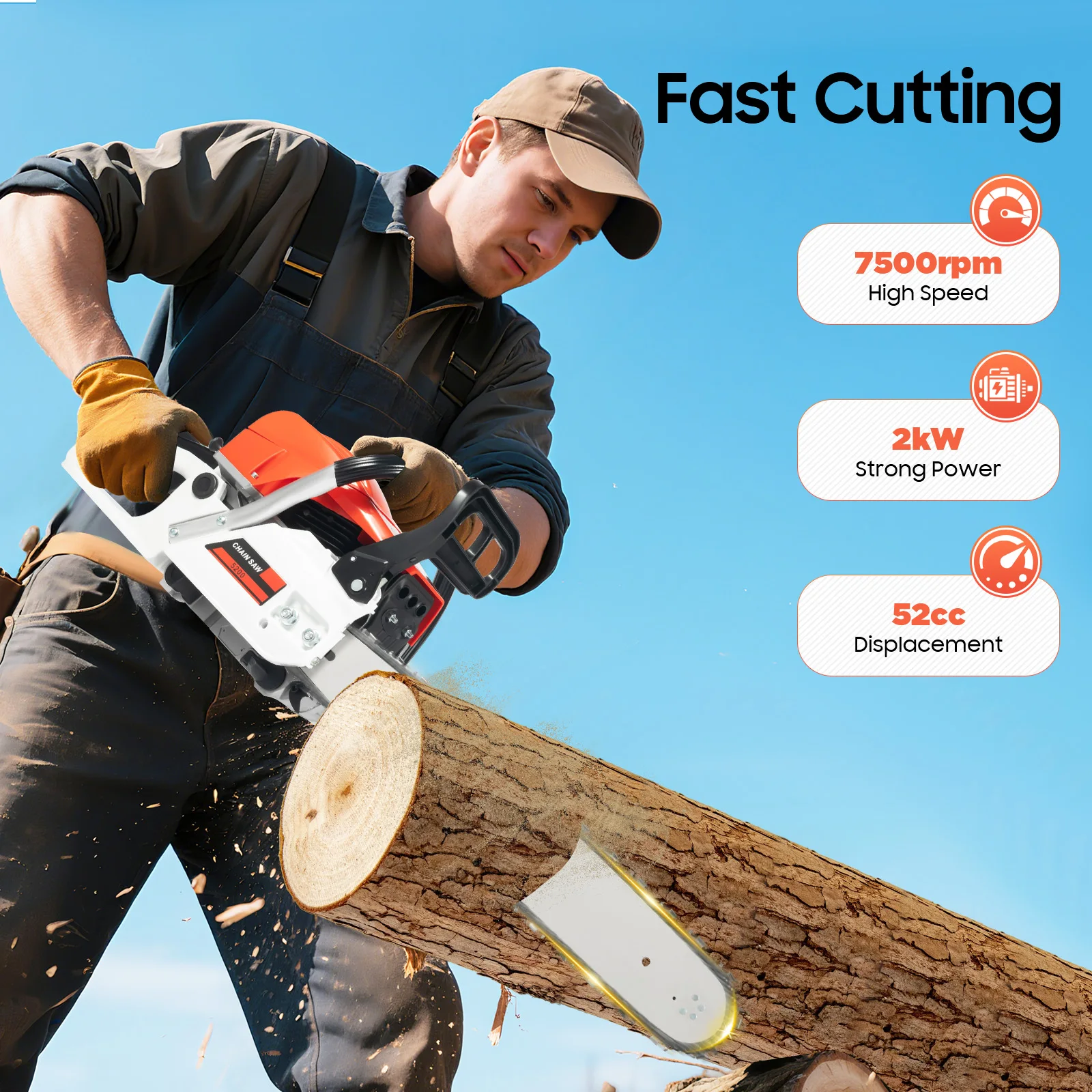 Gasoline Chain Saw 52cc 2-Stroke Engine 2.0kw Double Safety Switches Suitable For Forest Harvesting Wood Cutting Gardening electric chainsaw