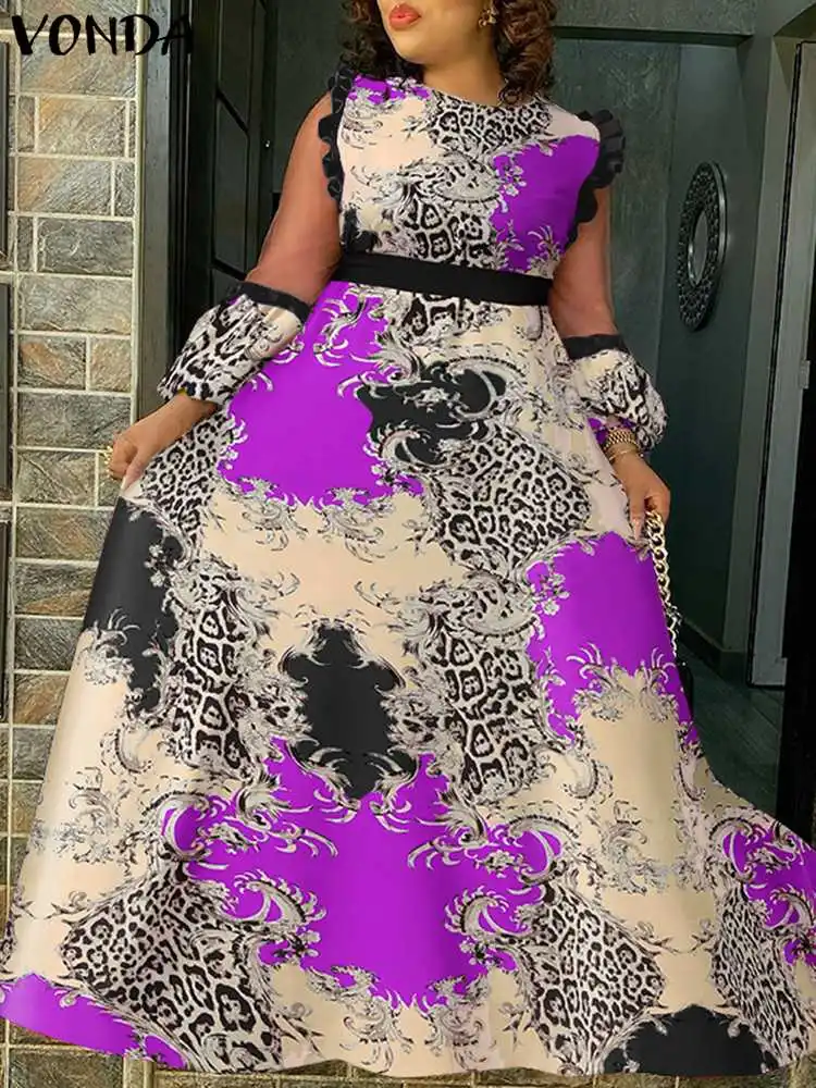 

VONDA Summer Maxi Dress 2023 Women Lace Patchwork Lantern Sleeve Vintage Print Holiday Party Robe Casual Bohemian Beach Vestidos