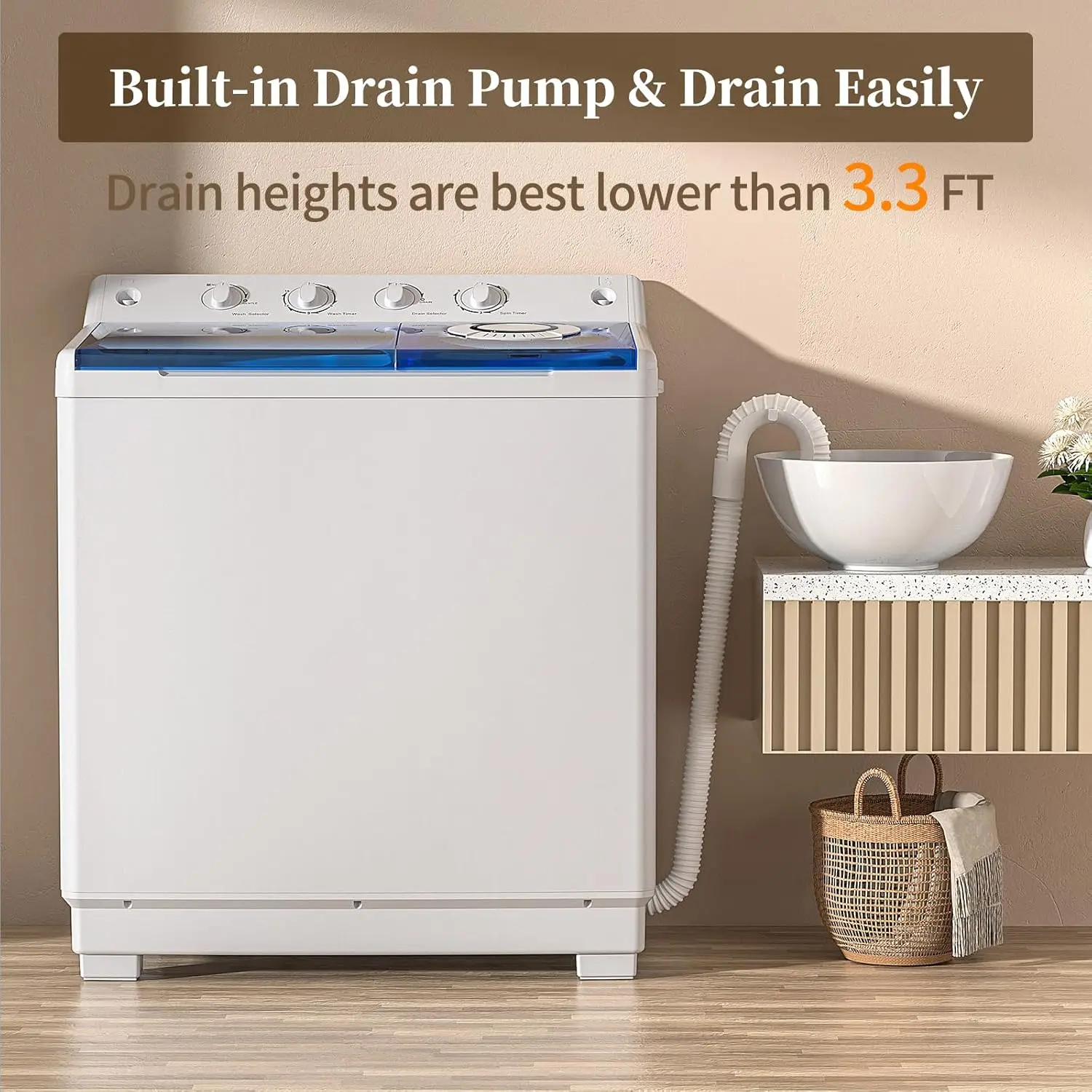 Washing Machine, Twin Tub Washing Machine Laundry Compact Washer spinner Combo with 40lbs capacity, 24Lbs Washer and 16 2