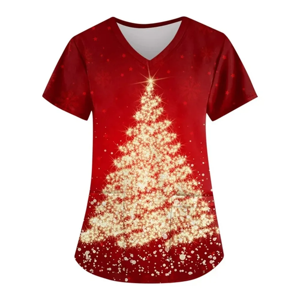 thumbnail image 1 of Camisetas de enfermera con estampado rojo, uniformes médicos navideños unisex, camisetas de enfermera con dibujos animados navideños, ropa de trabajo para dentistas, belleza y spa, 1 of 5