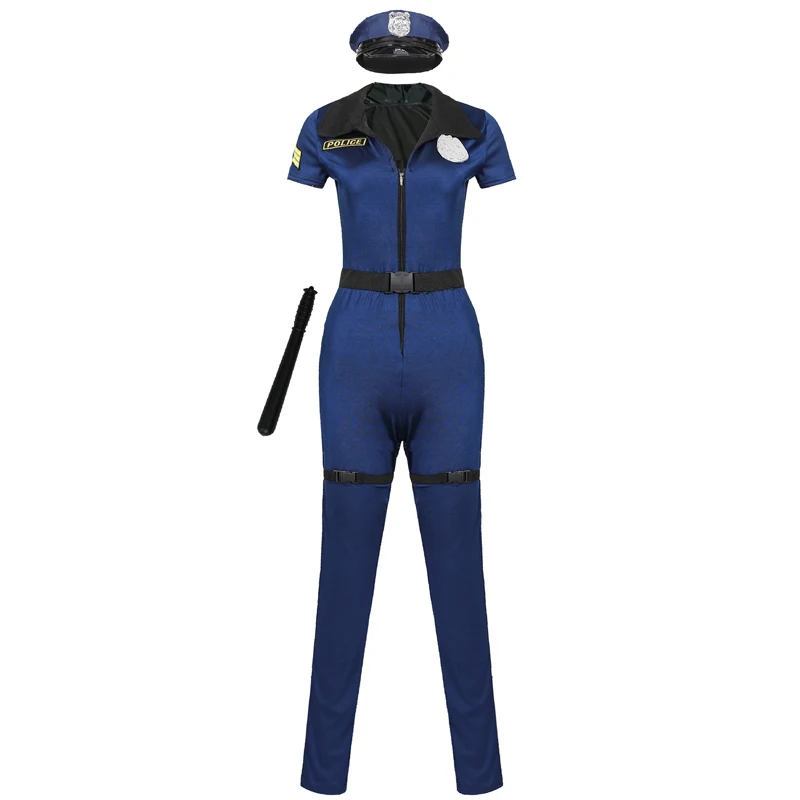 Police Woman Officer Jumpsuit Costume Zipper Fantasy Cop Outfit With Accessorie Cosplay Carnival Halloween Fancy Party Dress