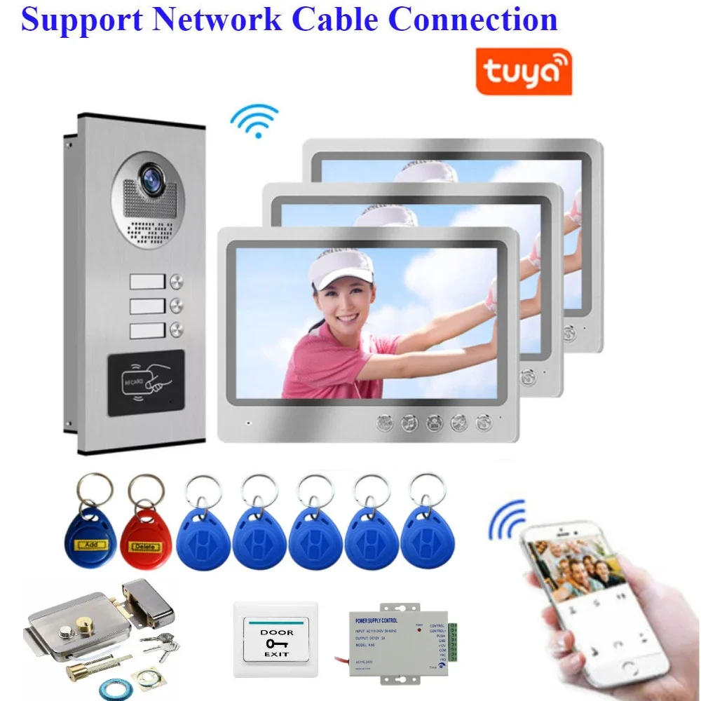 

2/3/4/6 Units RFID Unit Building Doorbell System 9"Network Cable Port Video Intercom Security Video Door Phone+Electric Lock Kit