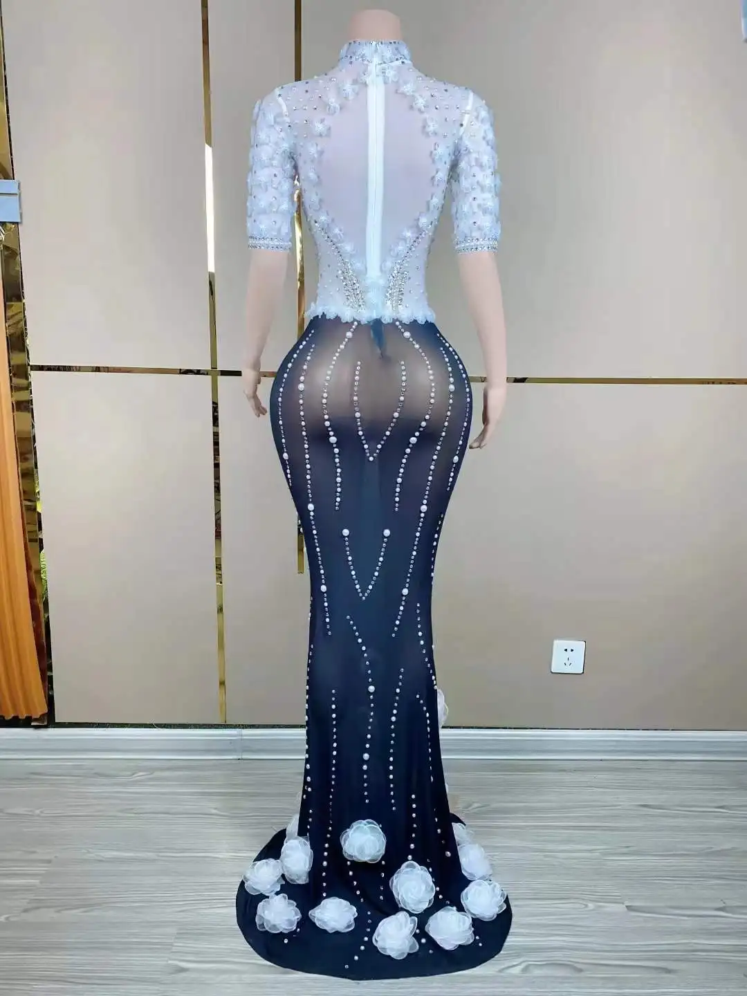 White Black Mesh Flower Sheer Half Sleeve Long Dress For Women Beaded Birthday Queen Elegant Outfit Singer Stage Wear