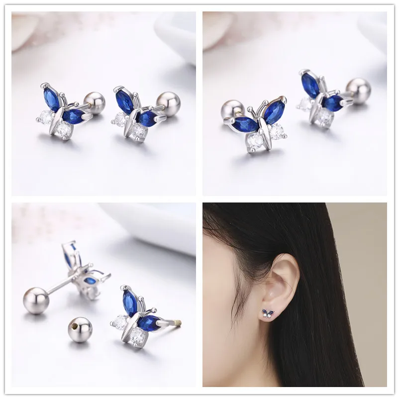 귀여운 나비 보라색 CZ 스크류 백 스터드 귀걸이 여성을위한 어린이 소녀 키즈 보석 Orecchini Aros Aretes