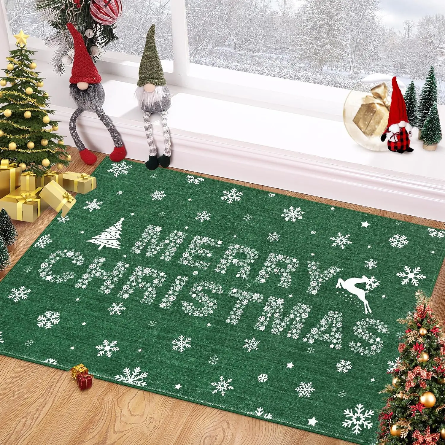 Weihnachts-Schneeflocken-Teppich, waschbar, rutschfest, weich, niedrigflorig, Matte, Frohe Weihnachten, Bodenteppich für Wohnzimmer, Schlafzimmer, Heimdekoration – Detail 5