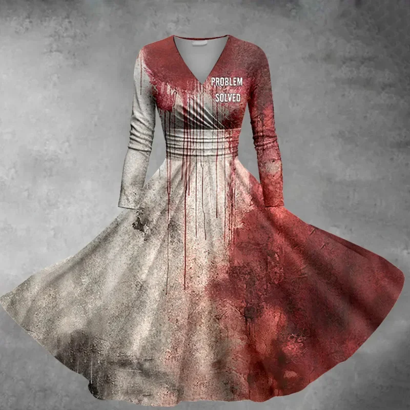 Halloween V Collar Long Sleeved Dress Terror Blood Handprints Bloodstains Leisure Slimming Outdoor Cosplay Clothing