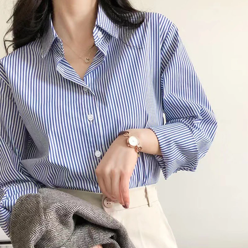 Women Casual Striped Blue White Long Sleeve Shirt