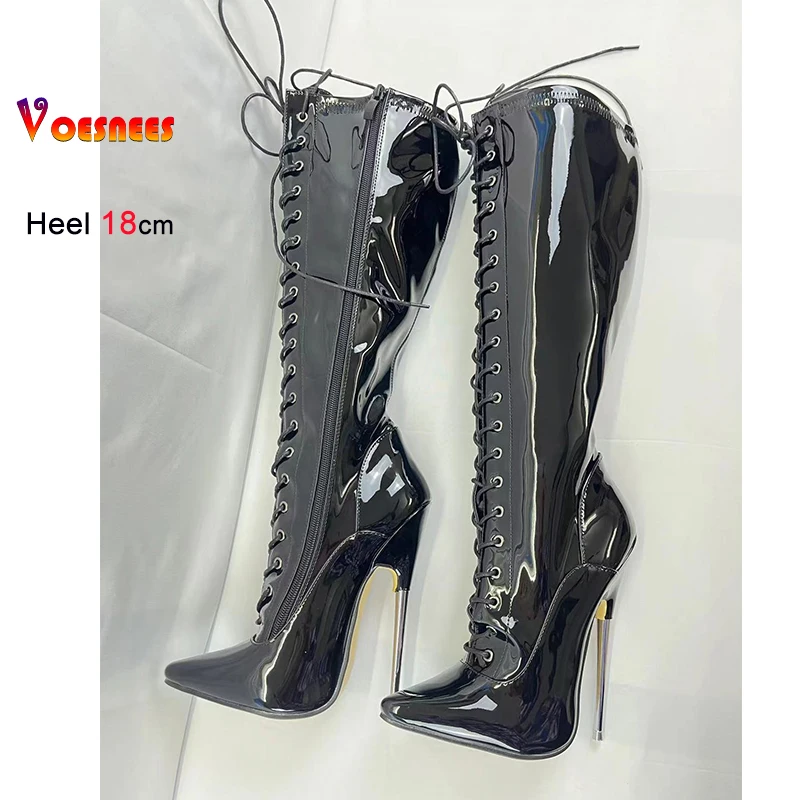 Black 18cm Metal Heel Knee High Women Boots Night Club Stage Pointed Toe Pole Dance Shoes Patent Leather Lady Heels Custom Color