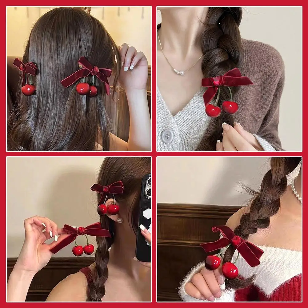 2PC Kirsche Rote Schleife Samt Textur Elegante Haarspange Modische Vielseitige Rand Haarnadel Süße Coole Kopfbedeckung Mädchen Haarschmuck