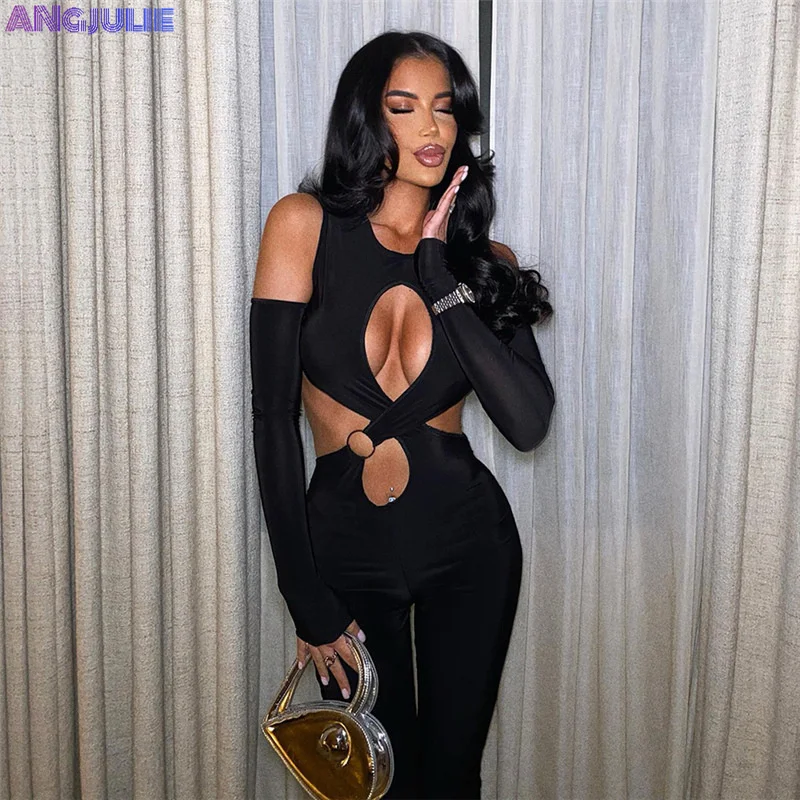 

Angjulie Jumpsuit Women Solid Sexy Chest Hollow Out Long Sleeve High Street Strecthy Slim One Pieces Club Night Overall Outfits