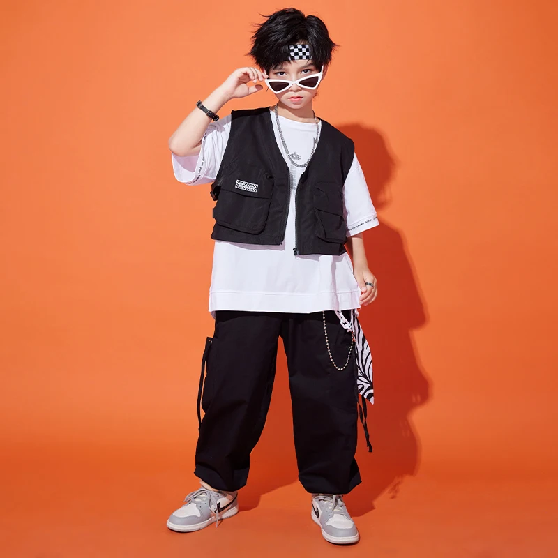 

Kids Streetwear Hip Hop Clothing Black Jacket Vest T Shirt Casual Cargo Pants Shorts for Girl Boy Jazz Dance Costumes Clothes