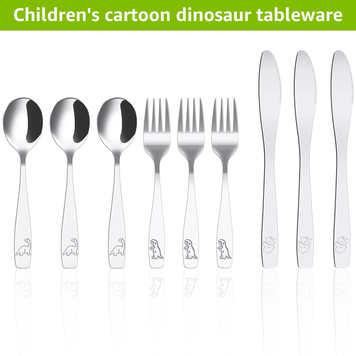 Aço inoxidável Dinosaur Bear Smooth Tableware Set para crianças, garfo colher e faca, prataria de criança segura, lava-louças, 10 pcs, 9 pcs