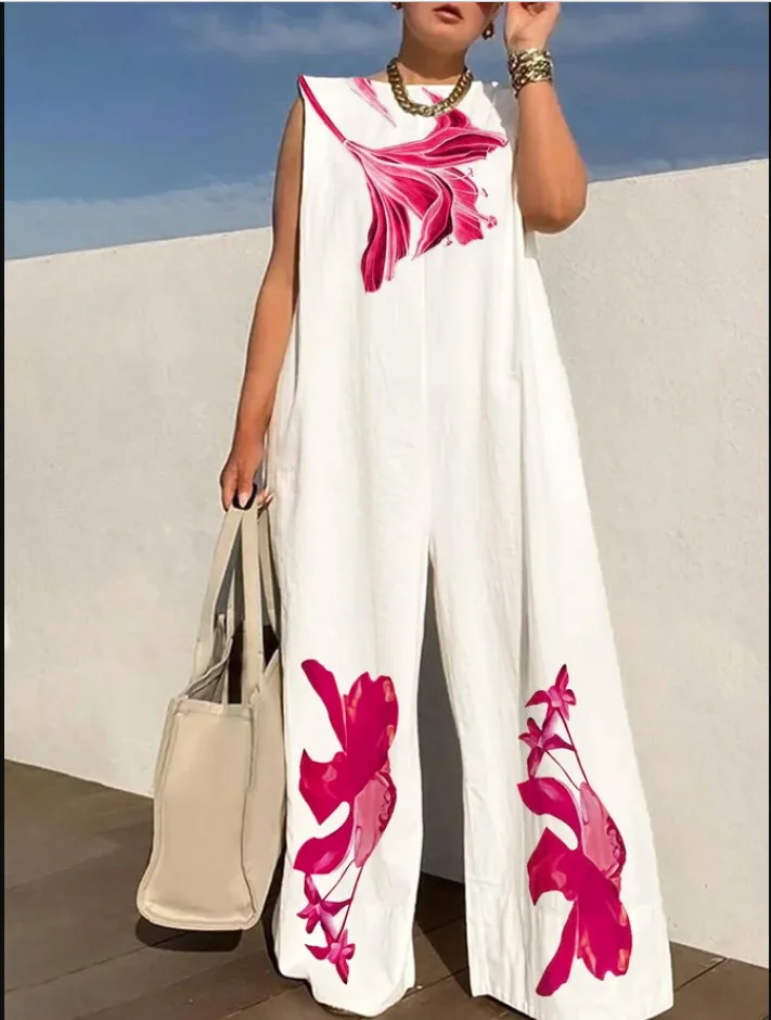 

Wide Leg Pants Loose Fit Jumpsuits Women Summer O-Neck Sleeveless Printing Playsuits Patchwork Loungewear Rompers Dropshipping