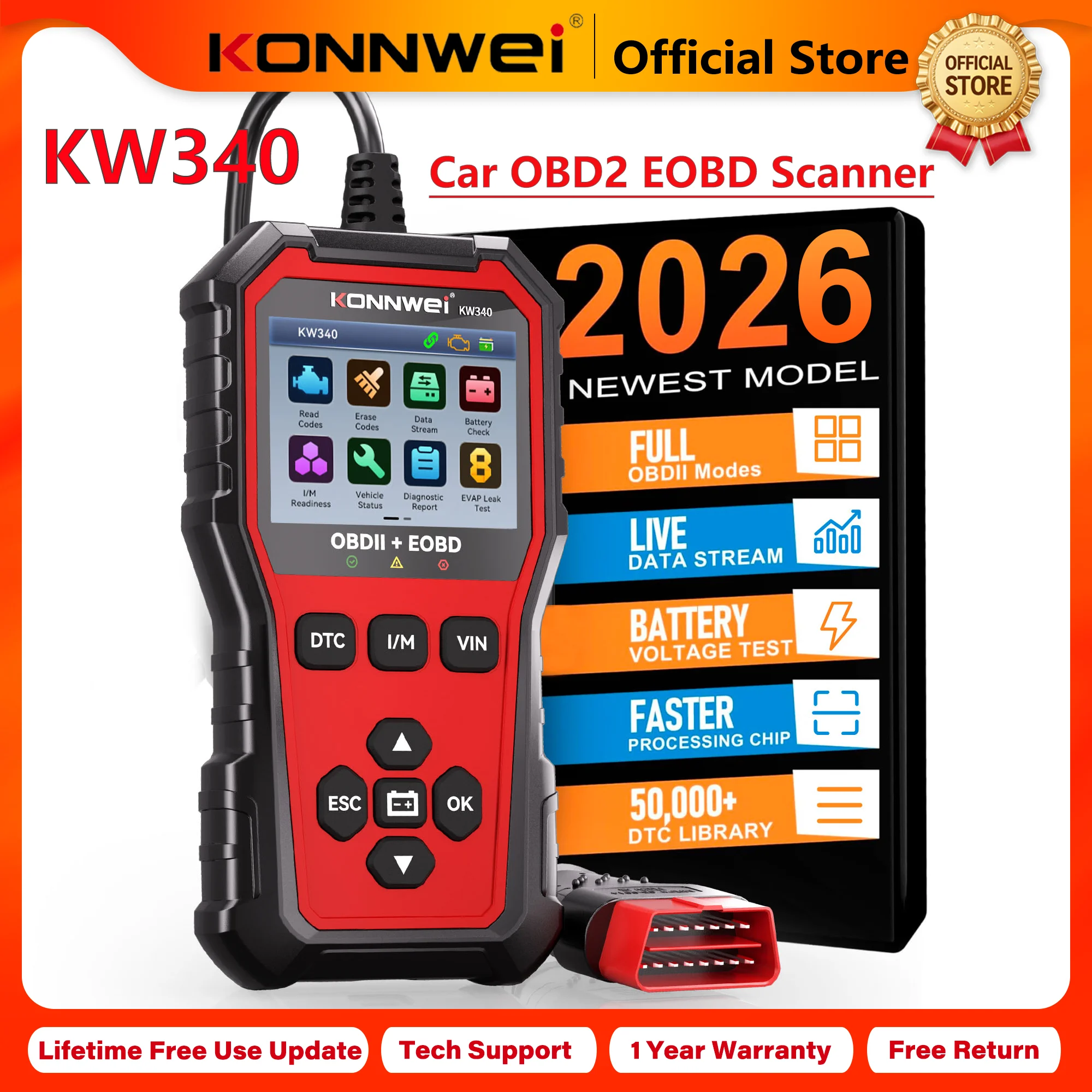 KONNWEI Car OBD2 Scanner KW340, CAN EOBD Diagnostic Tool with Engine Battery Test Fault Code Reading Clearing and Real Time Data 2026