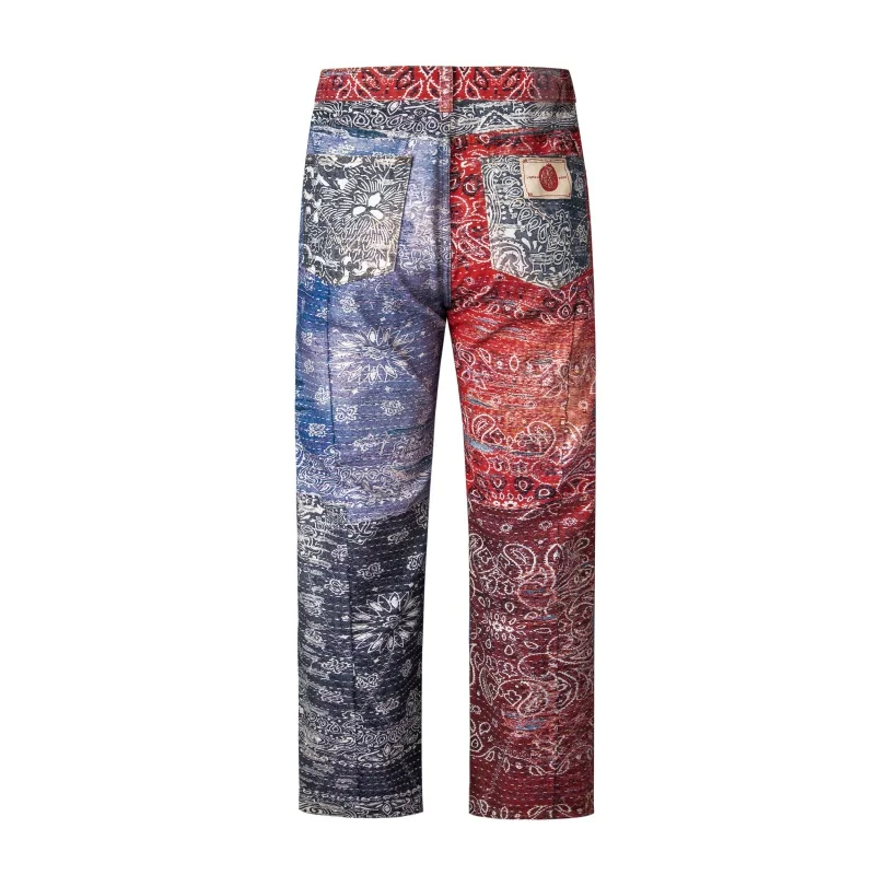 High Street Paisley Jeans Men's Fashion Brand Loose Personality Fashion Design Sense European Hip Hop Handsome Straight Pants