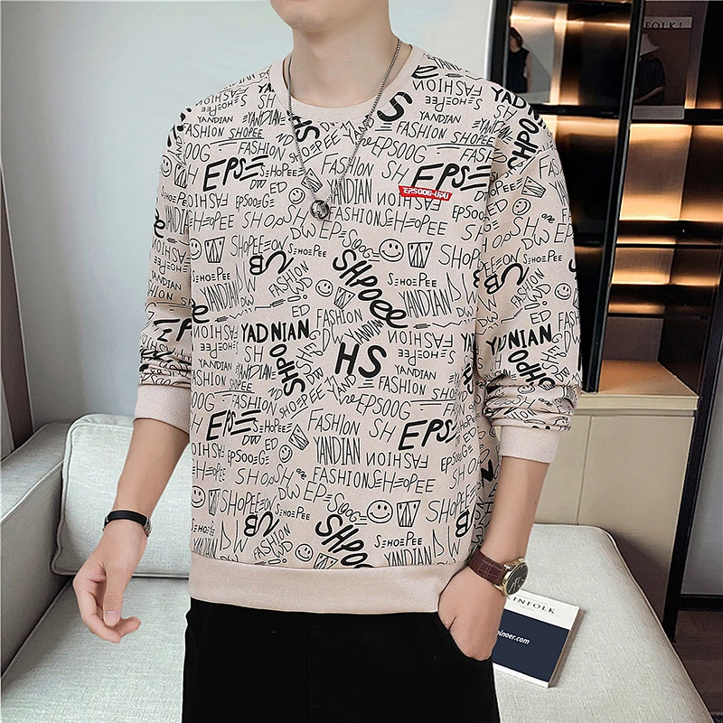 2023 Autumn and Winter Men's Pullover Round Neck Patchwork Printed Letter Hoodie Fashion Loose and Versatile Long Sleeved Tops