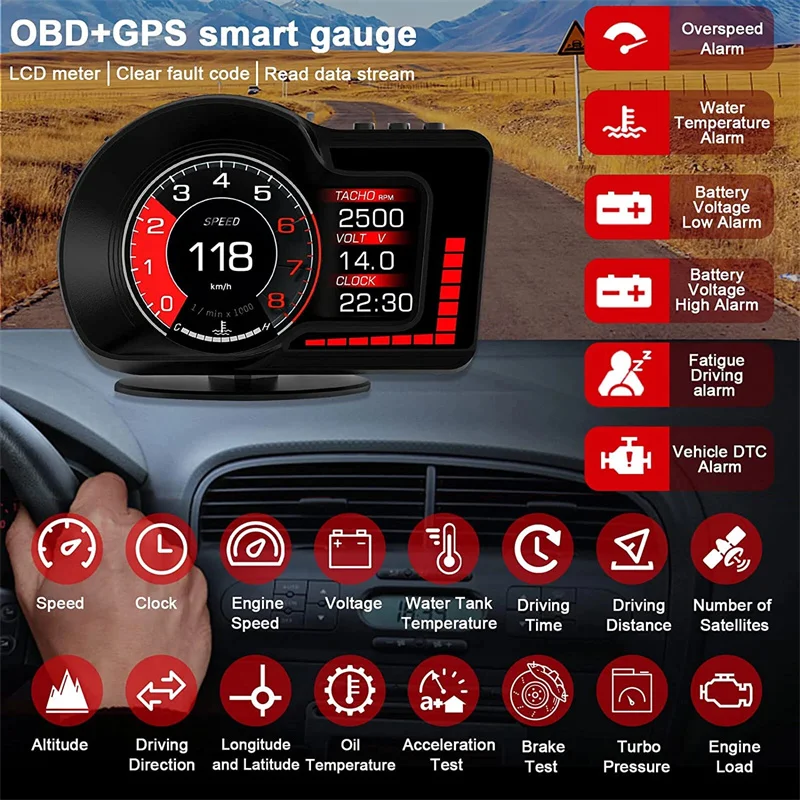Obd gps 듀얼 시스템 rpm 게이지 속도계 milometer f15 자동차 헤드 업 디스플레이 hud 6 알람 기능 가속 테스트