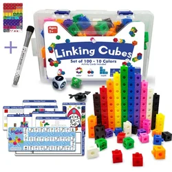 Math Blocks Linking Cubes Set - Educational Learning Toy with Activity Cards, 100-Piece Counting Set (BoxSet and 1stickerB)
