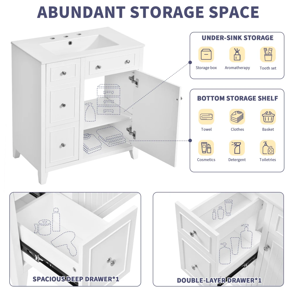 30-Inch Bathroom Vanity Cabinet with Ceramic Basin, Double-Layer Drawer, Deep Drawer and Adjustable Shelf 5