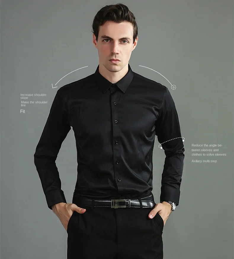 New 2023 spring and summer men's long-sleeved four-sidedelastic business casual silky anti-wrinkle non-ironing white shirt S~8XL