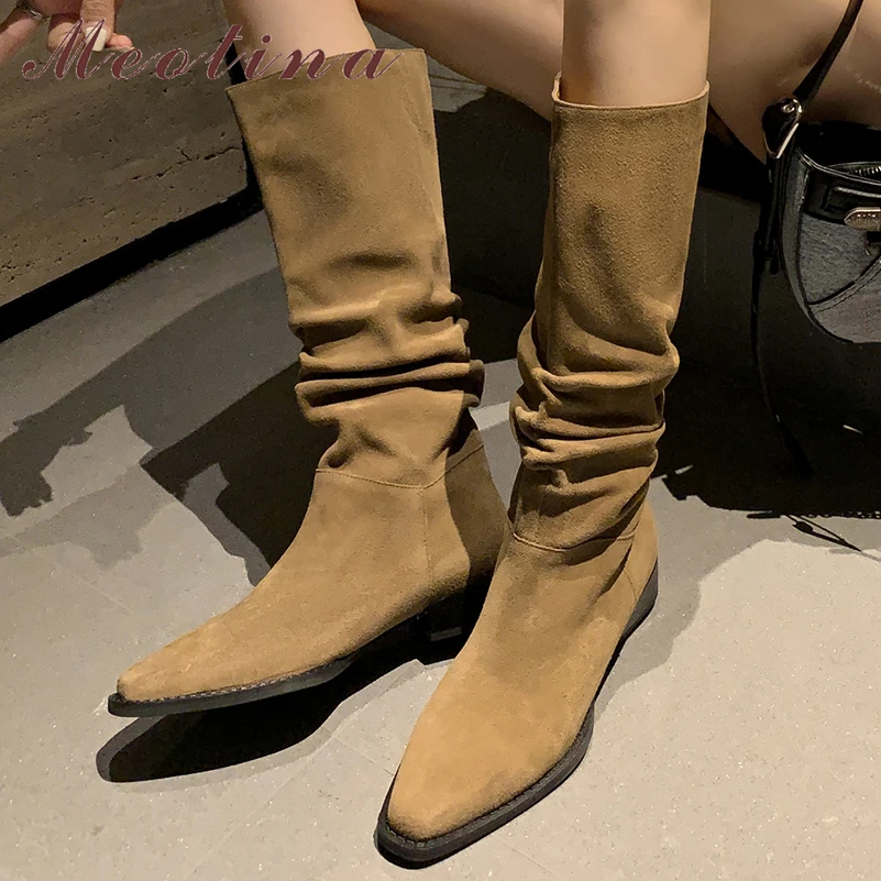 

Meotina Women Genuine Leather Knee High Boots Square Toe Flats Pleated Cow Suede Long Boot Ladies Fashion Shoes Autumn Winter 40