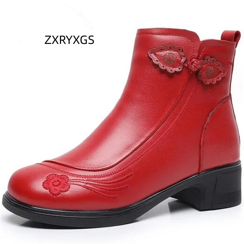 

ZXRYXGS Top Layer Cowhide Embroidered Flower Banquet Wedding Boots Women Fashionable Boots 2023 Large Size Autumn Winter Boots