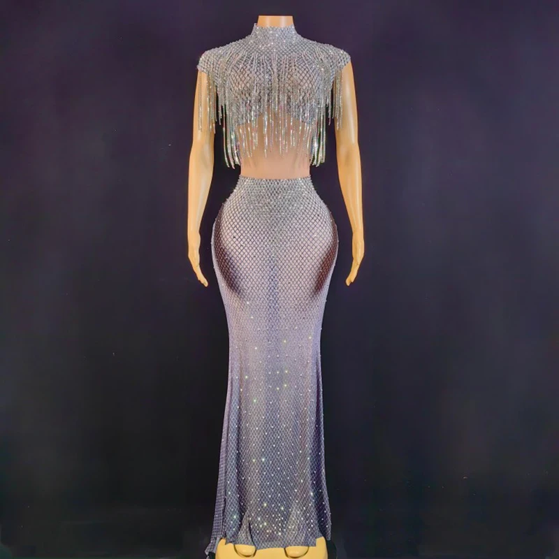 

Rhinestones Crystals Fringes Evening Birthday Celebrate Dress Transparent Dancer Costumes Nightclub Bar Dj Stage Wear DN15836