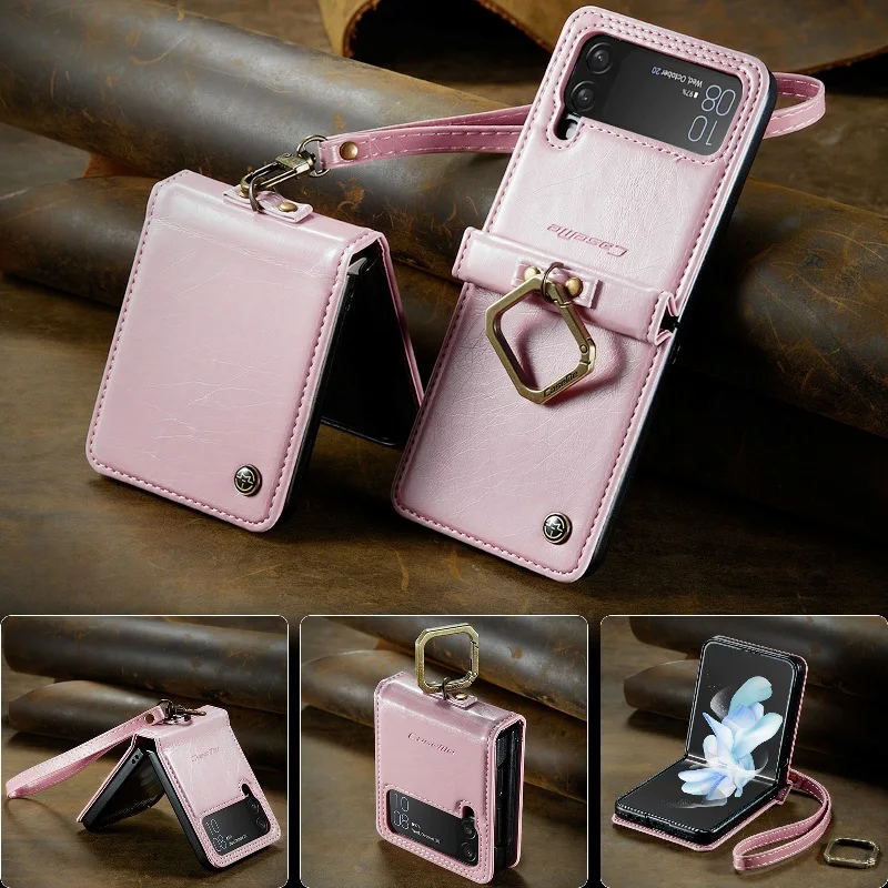 

Luxury Gloss Retro Leather Finger Ring Flip Cover For Samsung Galaxy Z Flip4 Z Flip3 5G Wrist Strap Fold Phone Case Girl Gift