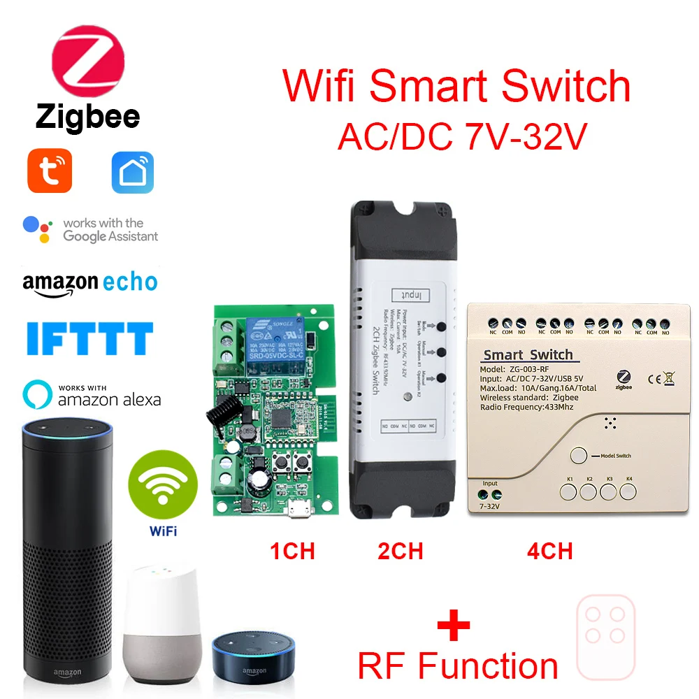 Умный модуль выключателя Zigbee реле постоянного тока 7 В ~ 32 10 А 1/2/4 клавиши работает