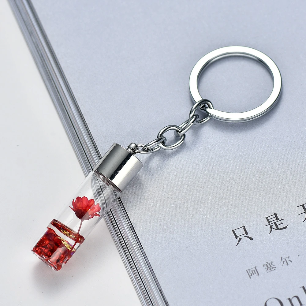 Cute Glass Botttle Tiny Dry Flower Liquid Keychain Immortal Flower Key Chains For Women Girls Car Purse Bag Pendant Jewelry