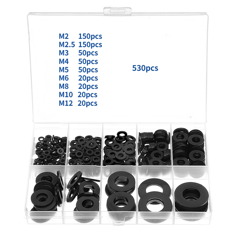 

M2 - M12 260/430/530pcs Black White Nylon Flat Gasket Washer Set Plastic Flat Washer Spacer Insulation Seals Gasket Ring Kit
