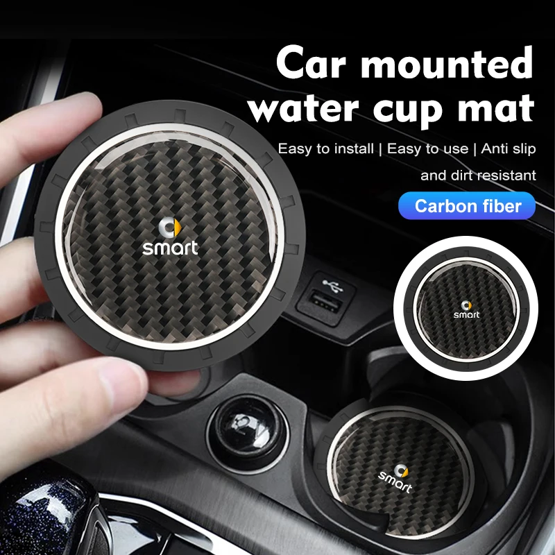 2Pcs Car Water Cup Anti-slip Pad Carbon Fiber Holder Mat For Smart Fortwo Forfour 451 453 450 452 454 Roadster Coupe