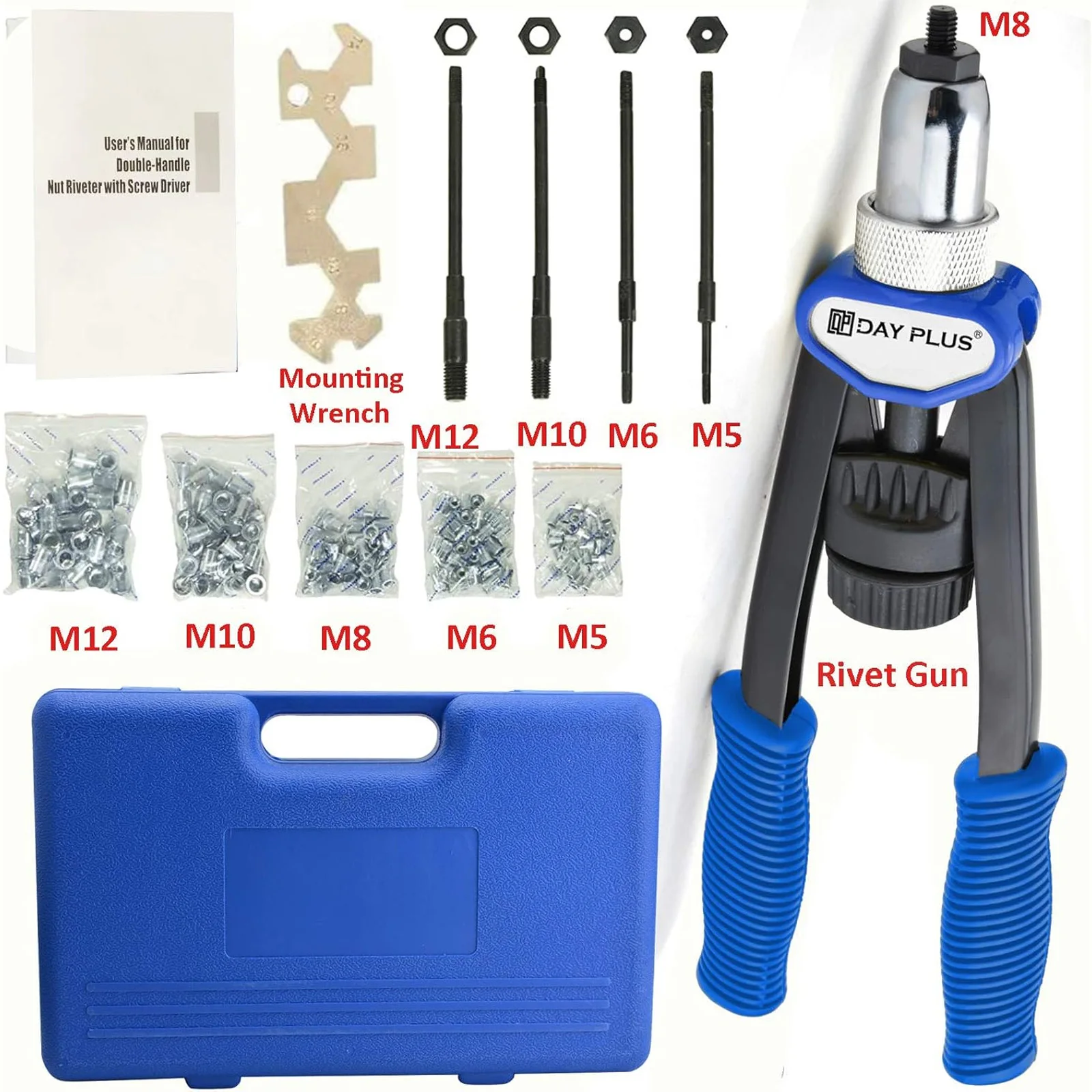 Set di pinze per dadi per rivetti professionali Set di rivetti ciechi Rivettatrice per dadi filettati Rivettatrice per dadi M5-M12 con 150 dadi per rivetti  1420