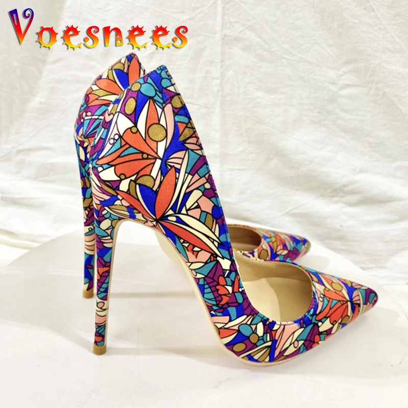 

Fashion Pointed Toe Fragmented Flowers Shoes Colorful Satins Models Super High Heels Shoe Street Style 12CM Women's Party Pumps