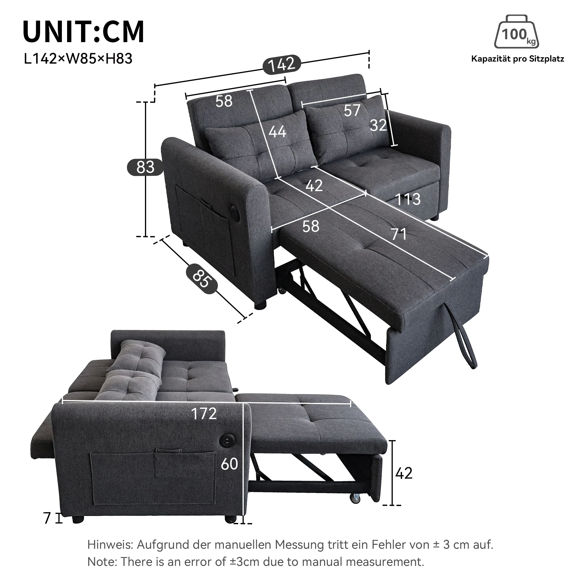 Modernes 3-in-1 Konvertierbares Zweisitzer-Sofa mit Verstellbarer Rückenlehne, USB, Armlehnen-Taschen und Kissen für Wohnzimmer oder Schlafzimmer – Detail 10