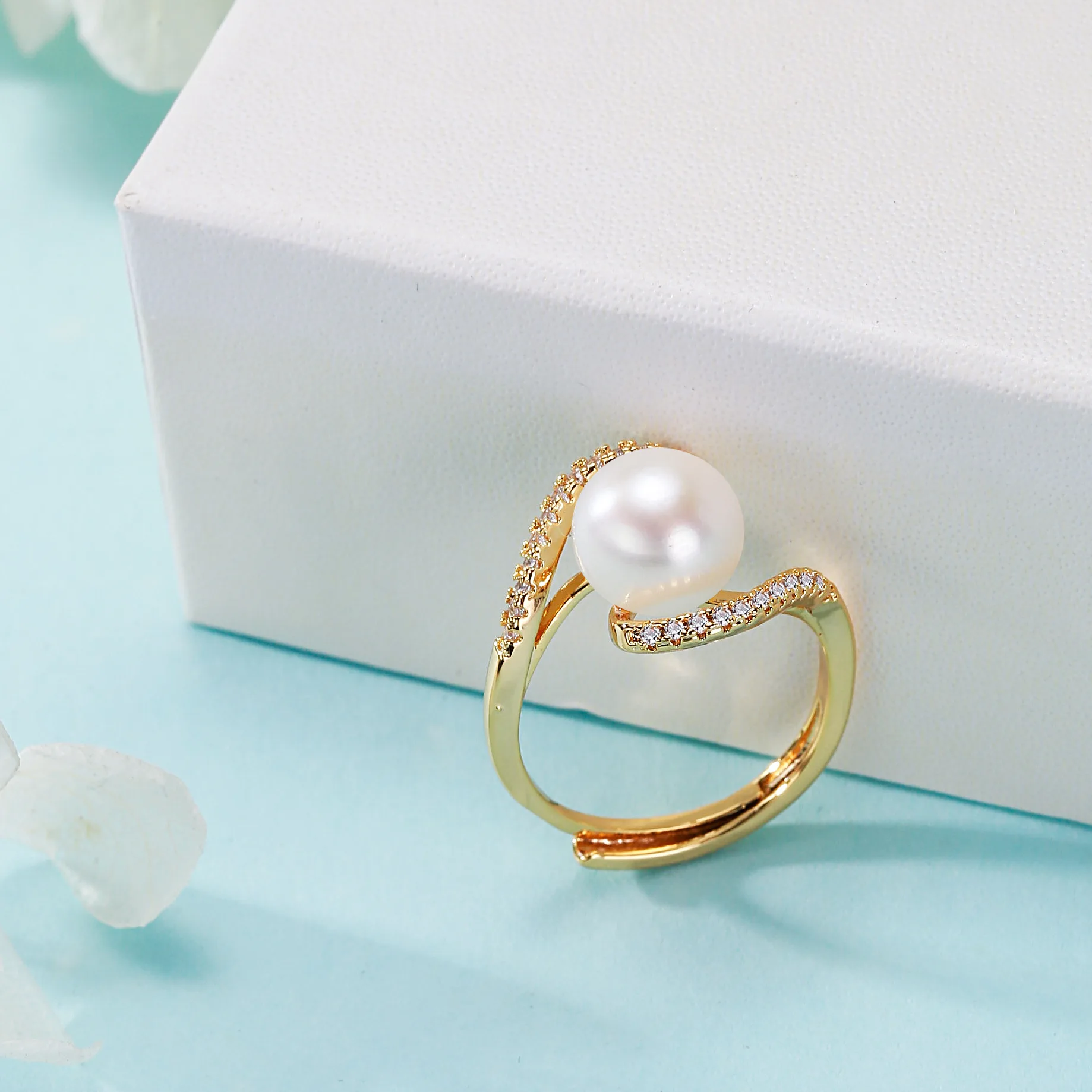 Real 14k Gold Jewelry Real Gold Balance Bar Natural Pearl Rings Women Luxury Femme Wedding Ring Bague Japanese Fine Jewelry Gift - 3