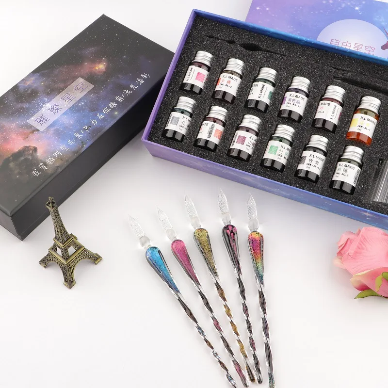 Flower Pattern Dip Pen, Glass Pen Set, Dipping Pen, Gift Supply,  Transparent, Crystal Glass Gift Pen Set, Glass Pen, Pen With Ink 