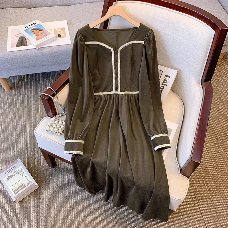 

2022 Winter Long Sleeve Velvet Dress Jacquard Patchwork High Waist Chic Elegant Dresses For Woman Vintage Vestido Robe Clothing