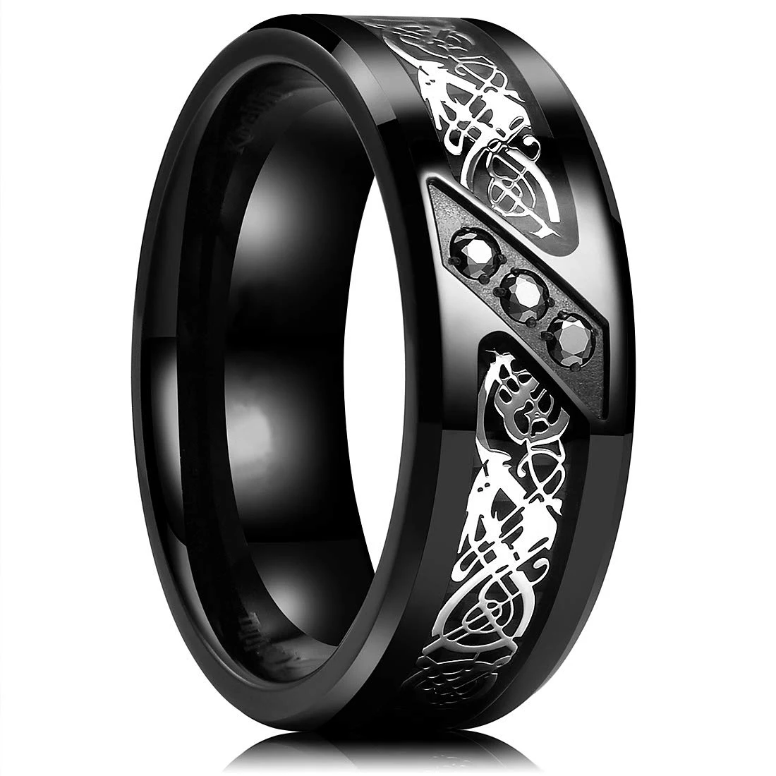 Anillos de dragón celta de tungsteno negro para hombres, joyería Punk fibra de carbono de acero inoxidable con de circonita negra para boda - AliExpress