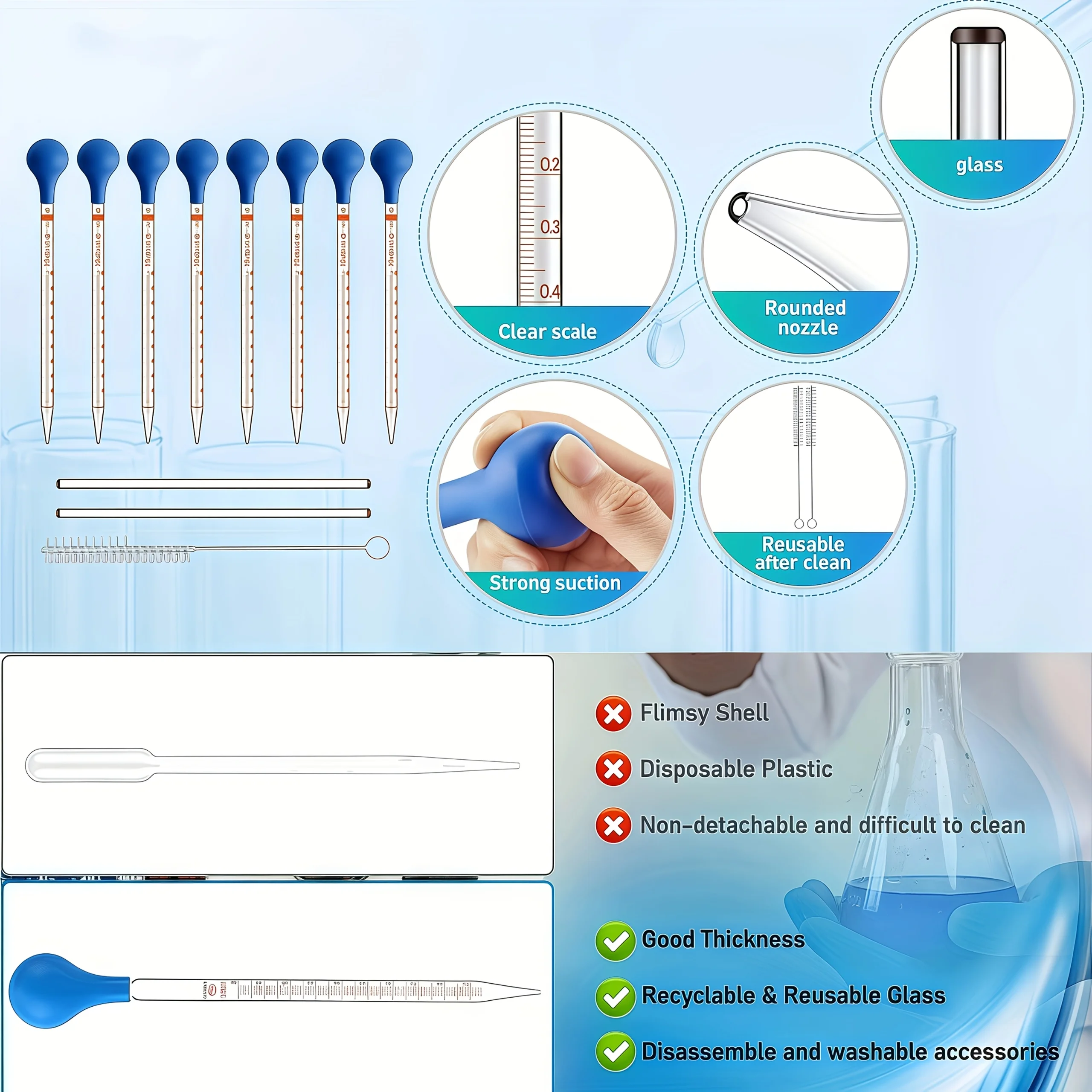 Deluxe Glass Pipette Dropper Set with Stirring Rod and Cleaning Accessories