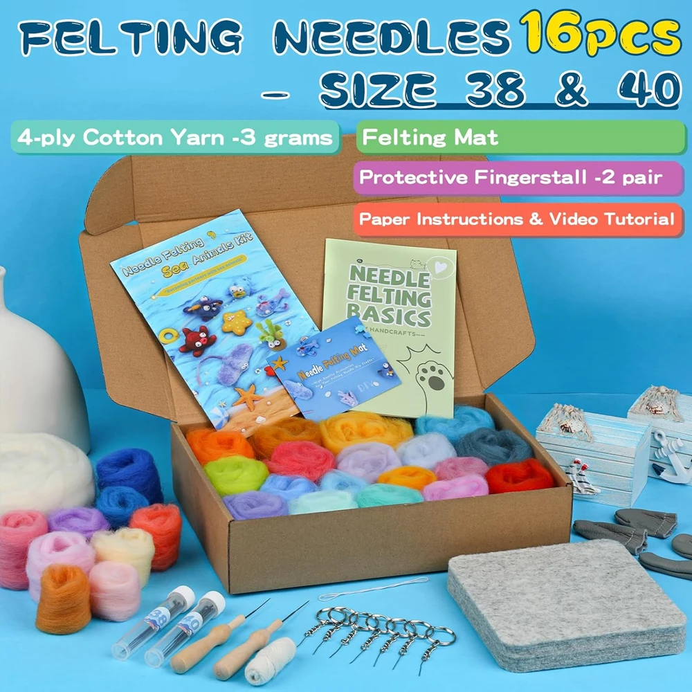 Sea Animals Needle Felting Kit Roving Felting Needles Pad Instruction for Starters DIY Craft 12Pcs