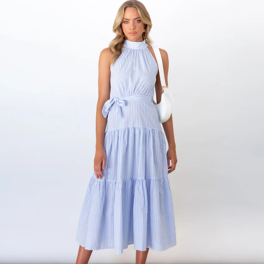 

Summer Halter Sleeveless Stripe Splice Beach Dress for Women High Waist Slim Belt Midi Dress Lace Up Pleated Bohemian Dress 2022