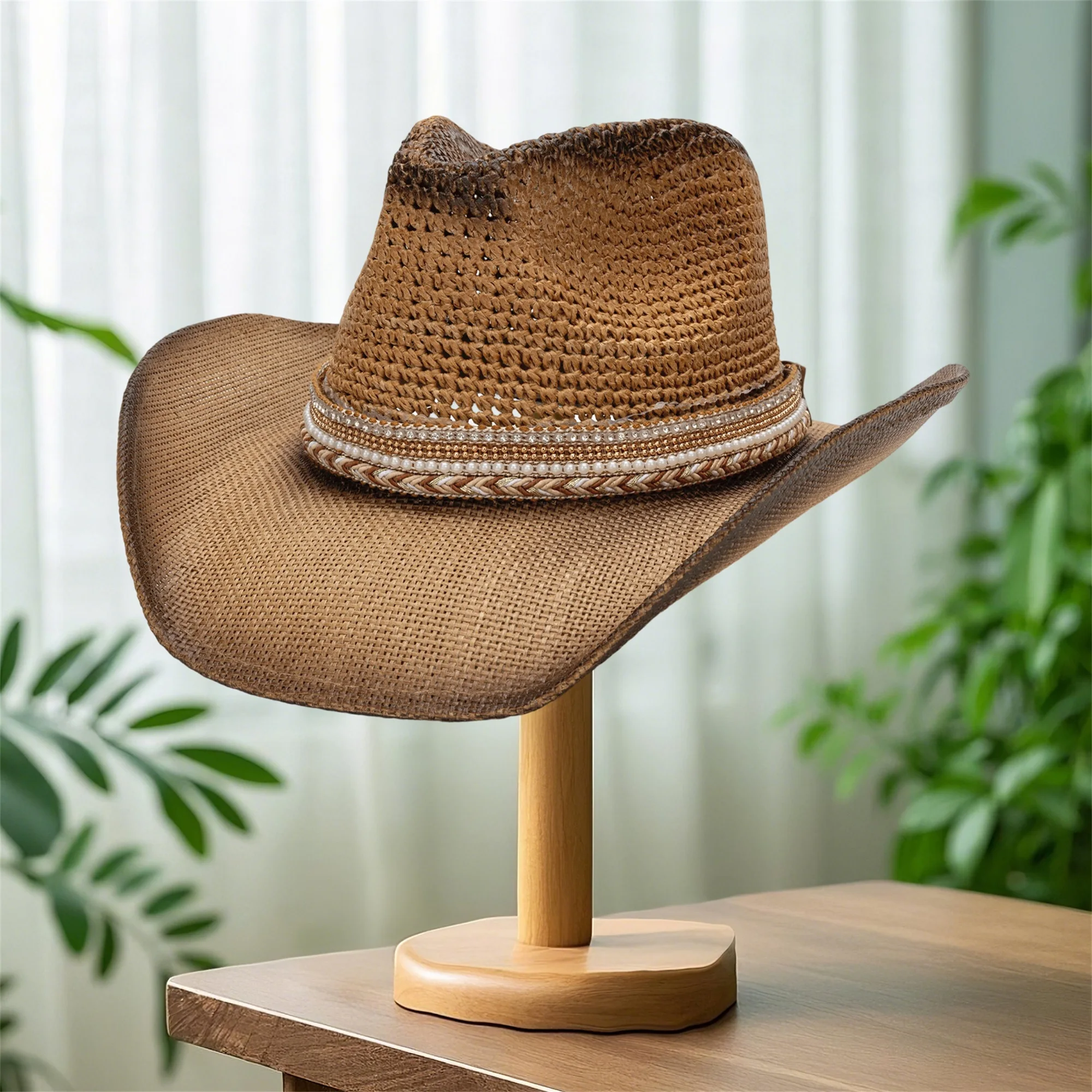 NONECN wide brim straw sun hat belt pattern detail front view