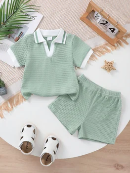 0-3Y Children's 2PCS Fashion Newborn Summer Set Color blocked Clothing Casual Breathable Mesh Short sleeved Top+Shorts Set 1