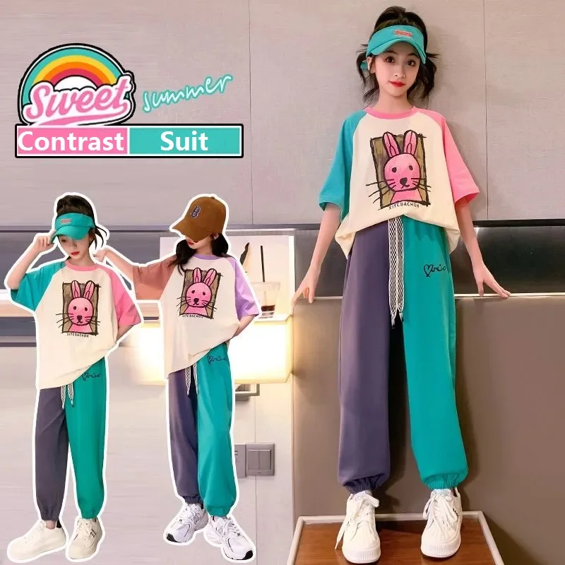 

Summer Girls Cotton Contrast Cartoon T-shirt Tops+Loose Drawstring Pant Set School Kids Tracksuit Child 2PCS Outfit Suit 5-16Yrs