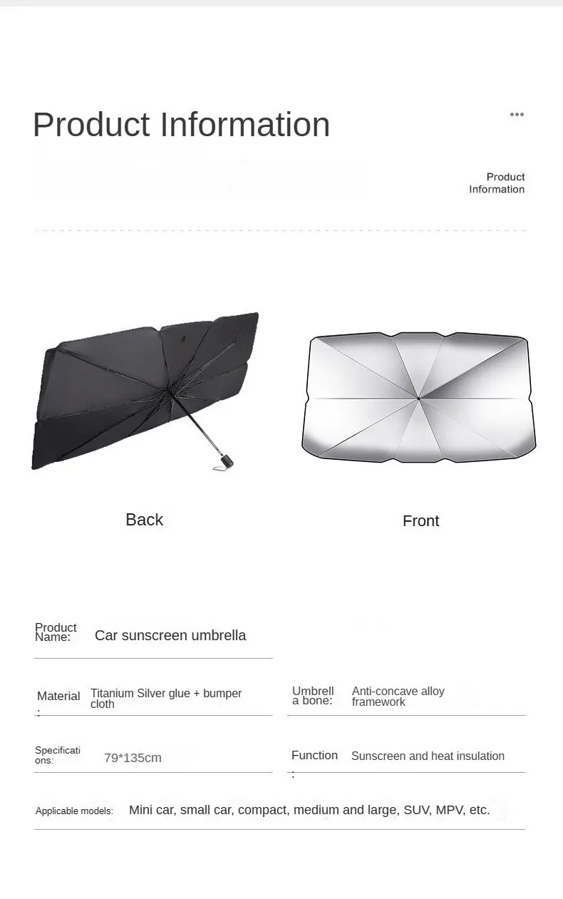 Portable Car Parasol with Pull Ring Umbrella Handle Foldable Car Sunshade for Summer Outdoor Auto Protection