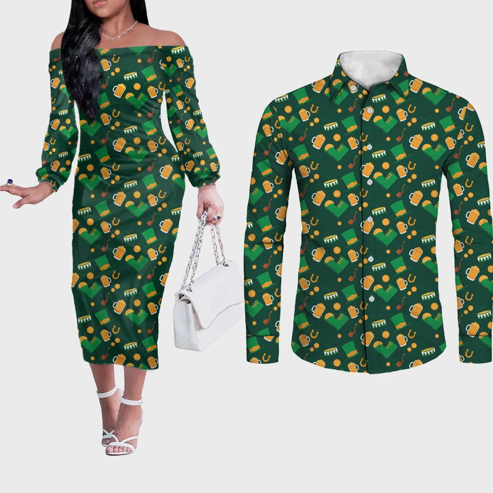 

Noisydesigns st.Patrick's Day Clothing For Couples Match Men's Shirt Sexy Half Shoulder Dresses For Woman Elegant Party 2pcs Set