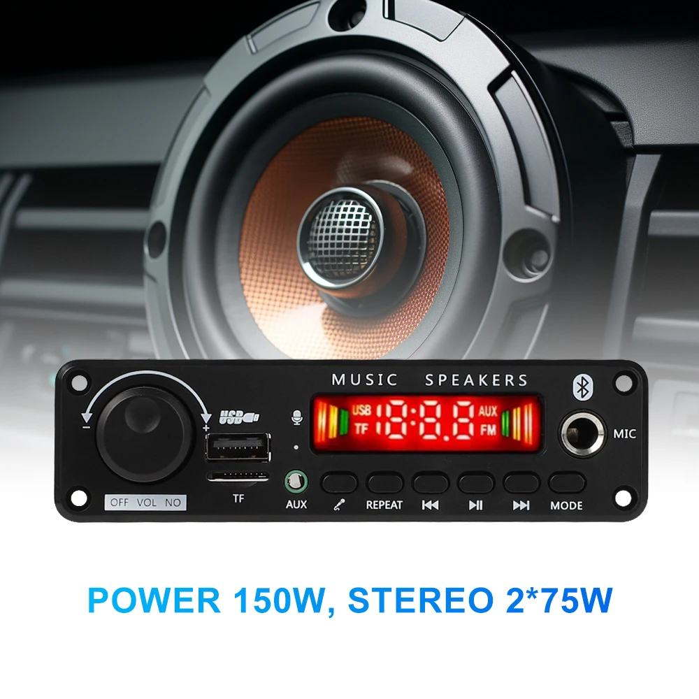 2x75W Amplifier Bluetooth MP3 Decoder Board DIY Wireless Car Audio Music Player 8V-26V Support Record with Remote Control