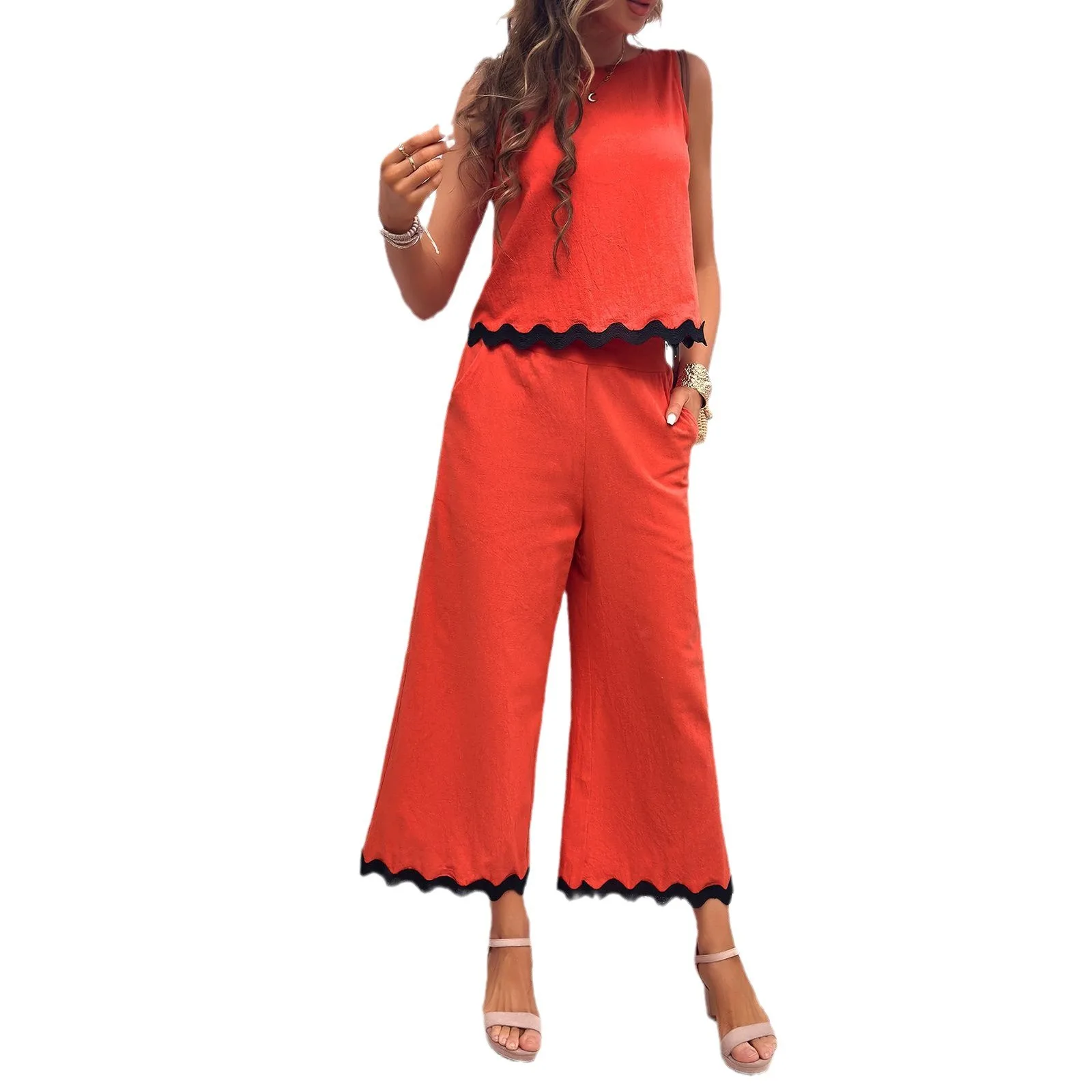 High Quality Women Clothing 2024 Spring Summer Casual Temperament Long Personalized Woven Belt Vest and Pants Set Ladies Fashion